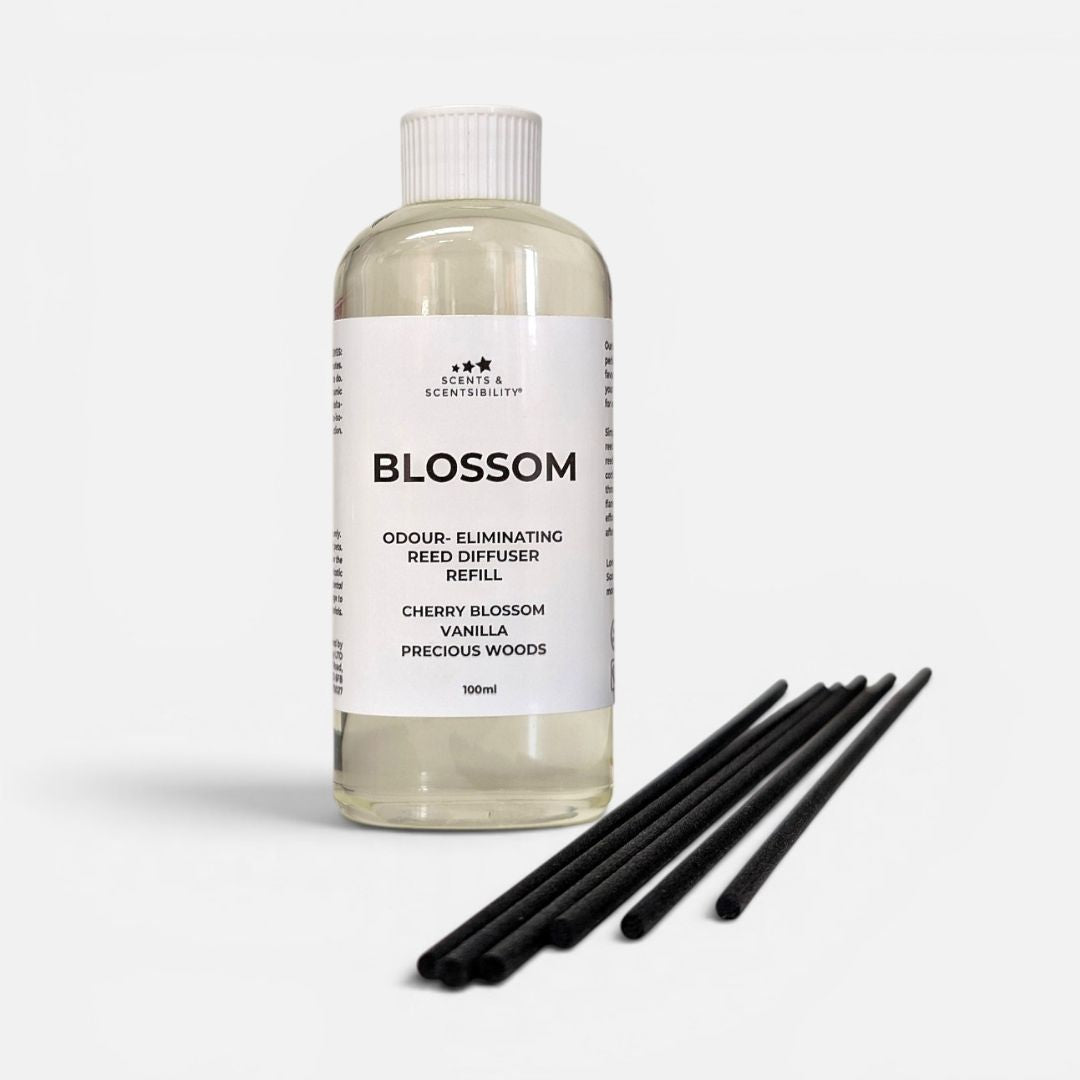 Blossom reed diffuser refill bottle with black sticks on a white background