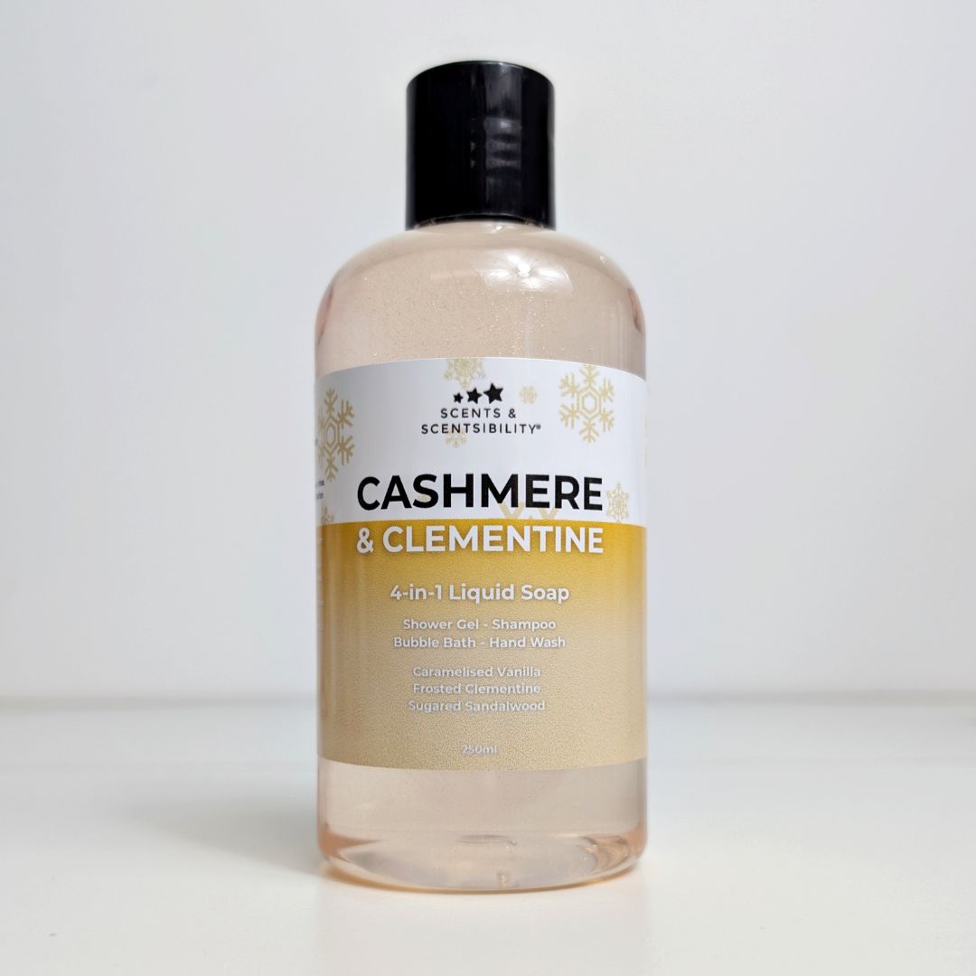 A bottle of liquid soap with a gold label saying Cashmere & Clementine.