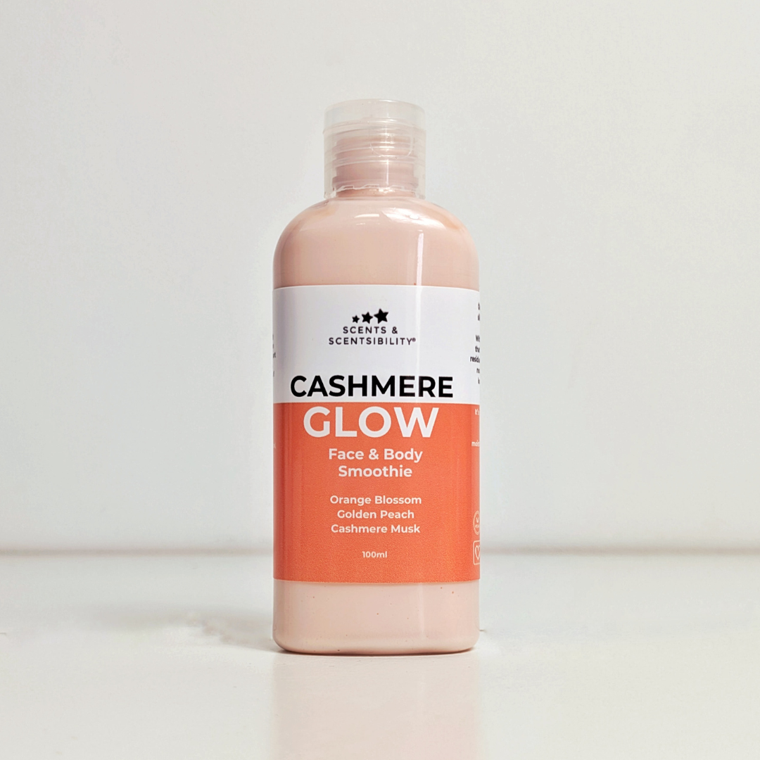 Bottle of 'Cashmere Glow' face and body smoothie with a white background