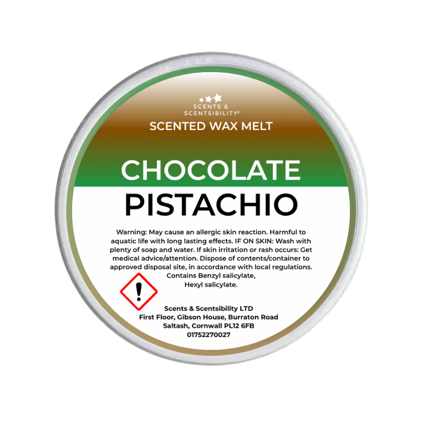 Scented wax melt container labeled 'Chocolate Pistachio' with branding and warning text on a green background.