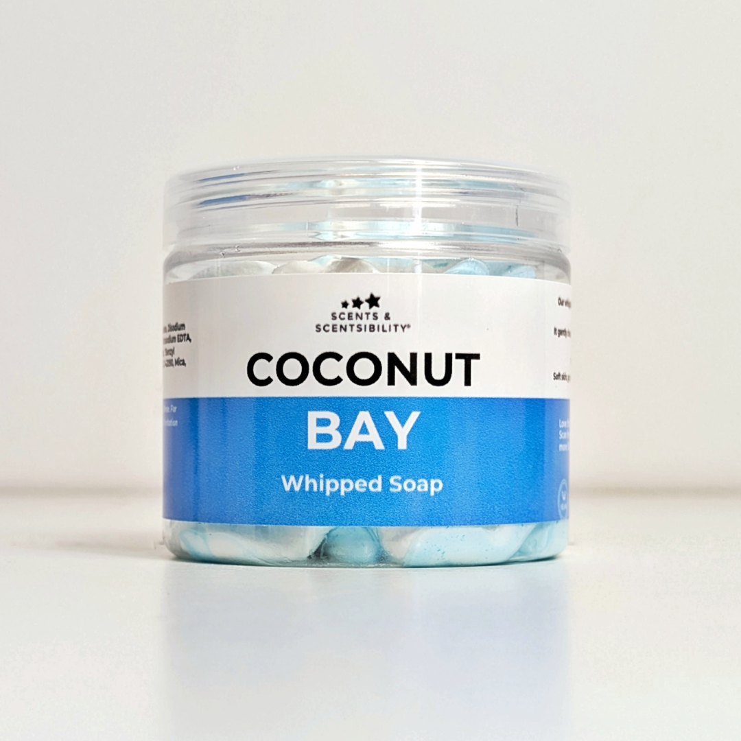 Jar of 'Coconut Bay' whipped soap on a white background