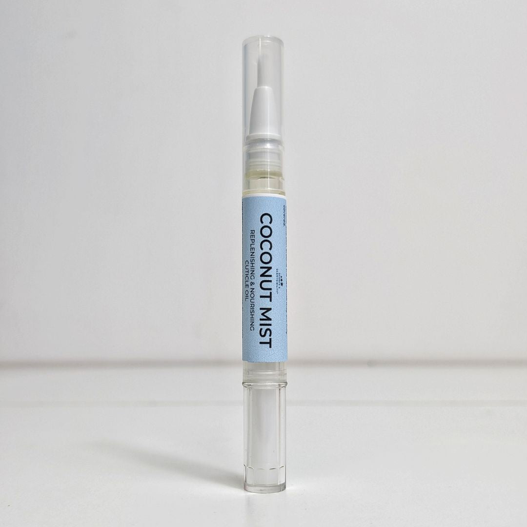 Coconut Mist Cuticle Pen with blue label on a white background
