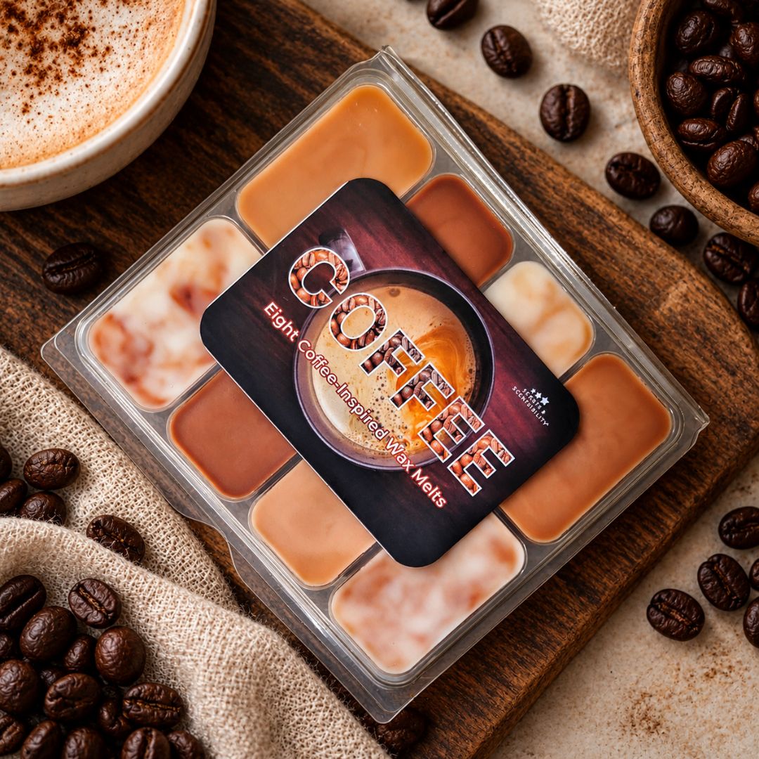 A selection of wax melts in packaging with a dark label saying 'Coffee', surrounded by coffee beans and a cup of coffee.