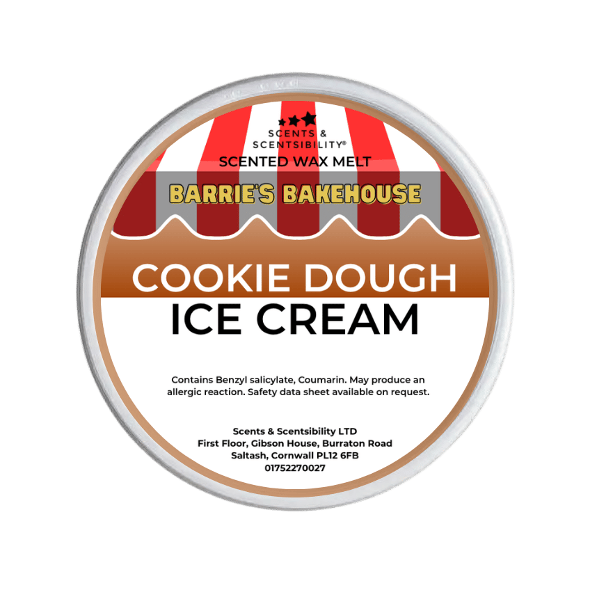 Wax melt container labeled 'Cookie Dough Ice Cream' by Barrie's Bakehouse on a green background