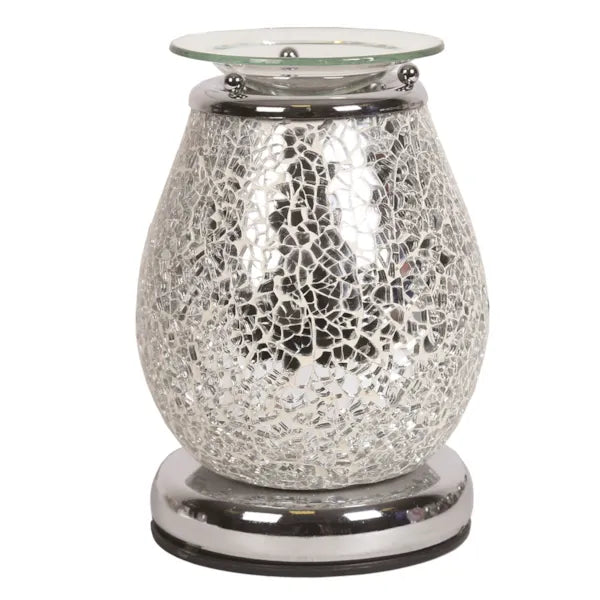 Jupiter Mosaic Touch-Control Electric Wax Melt Burner featuring shimmering silver crackle glass, a polished chrome base and a removable glass melting dish.