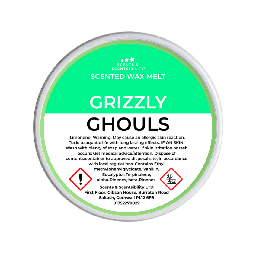 Scented wax melt container labeled 'Grizzly Ghouls' on a green background