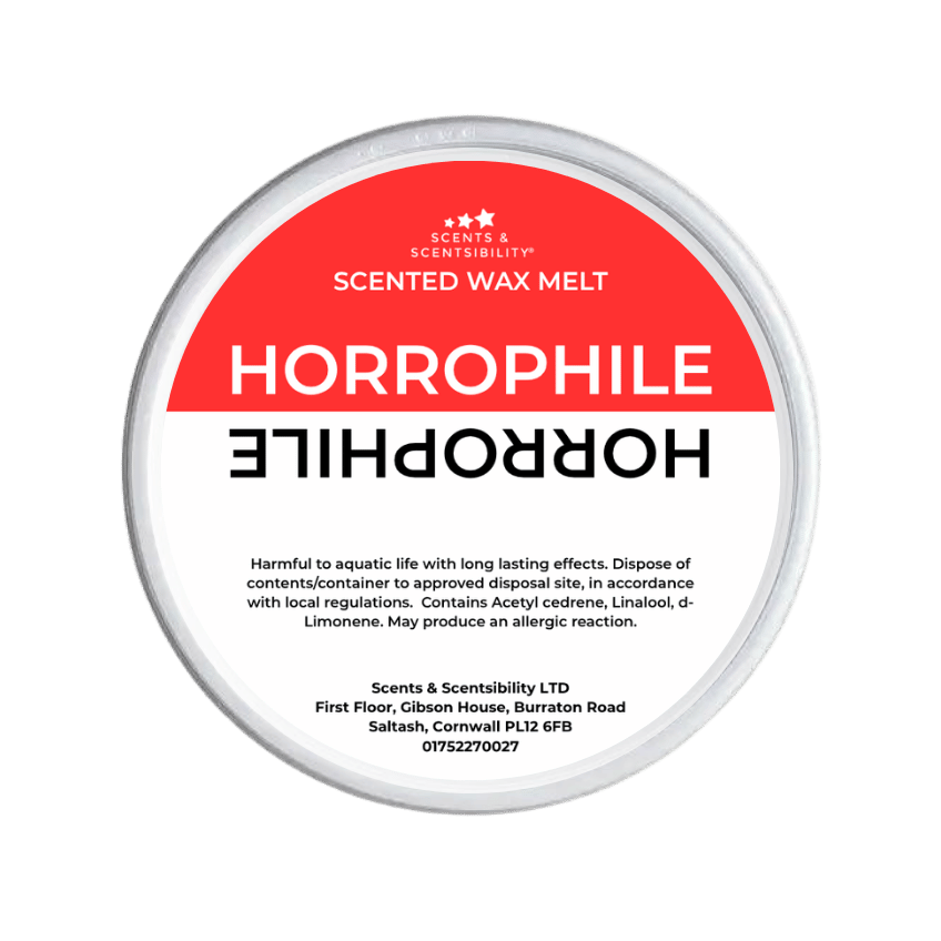 Scented wax melt container labeled 'Horrophile' with a red label on a white background.