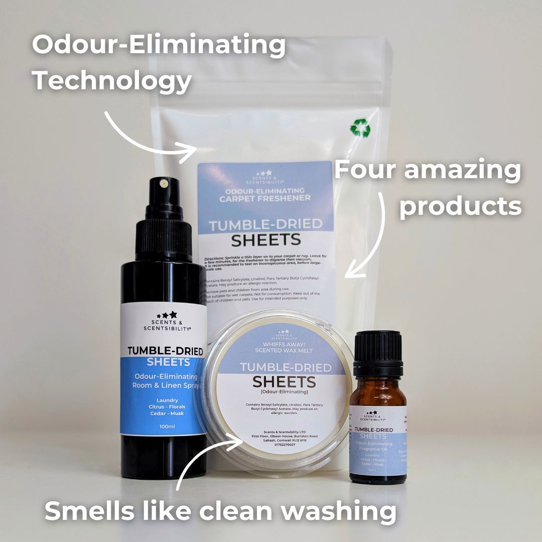 Four products with labels indicating 'Odour-Eliminating Technology', 'Tumble-dried sheets', 'Four amazing products', and 'Smells like clean washing'.