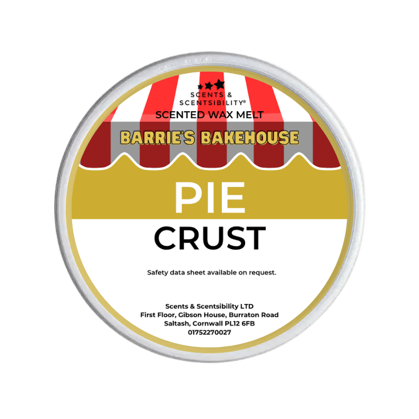 Scented wax melt container labeled 'Pie Crust' by Barrie's Bakehouse on a green background