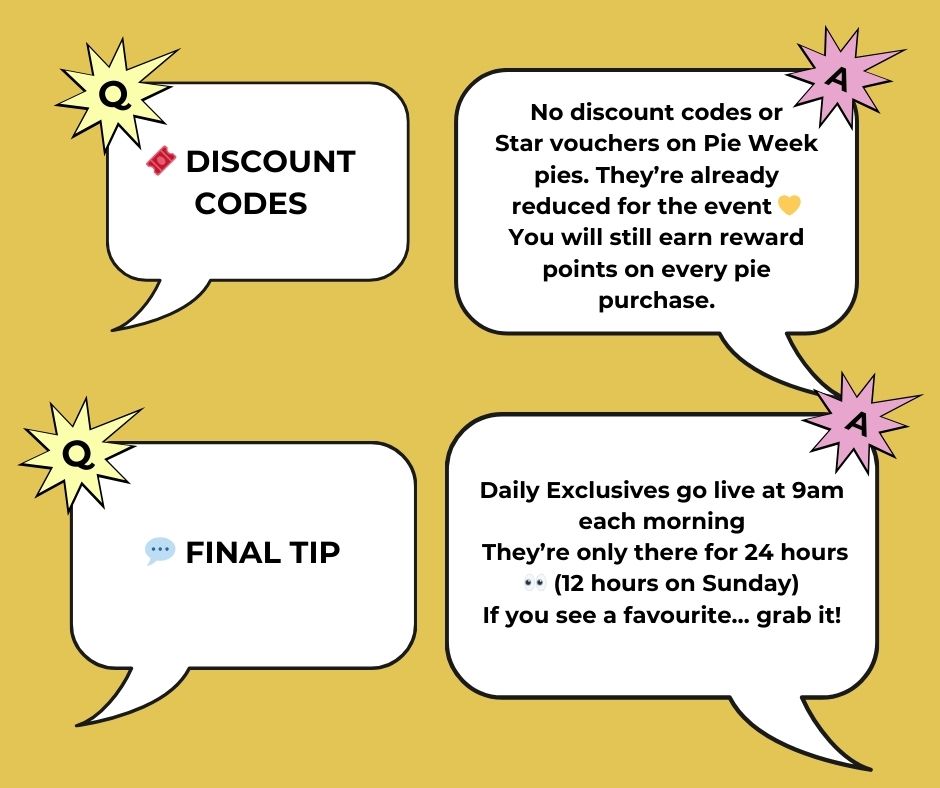 Comic-style text bubbles with discount information on a yellow background