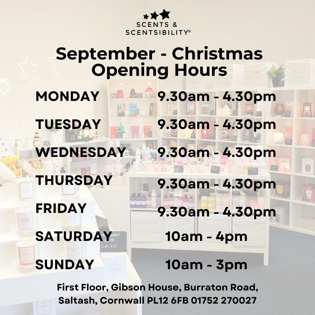 Opening hours for Scents & Scentsibility in September with a store interior background.