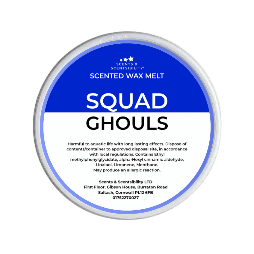 Scented wax melt container labeled 'Squad Ghouls' on a green background