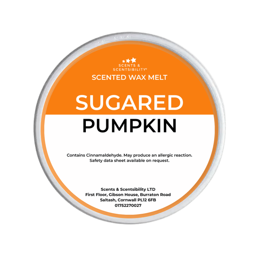 Scented wax melt container labeled 'Sugared Pumpkin' on a green background