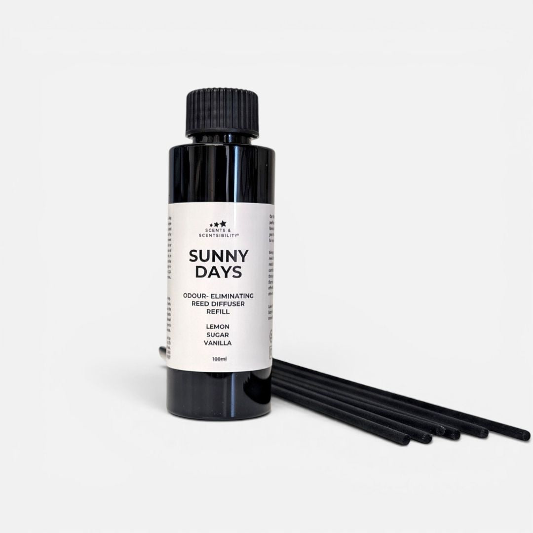 A black bottle of 'Sunny Days' scent-eliminating Reed Diffuser Refill by Scents & Scentsibility, shown with six black reeds on a clean white background.