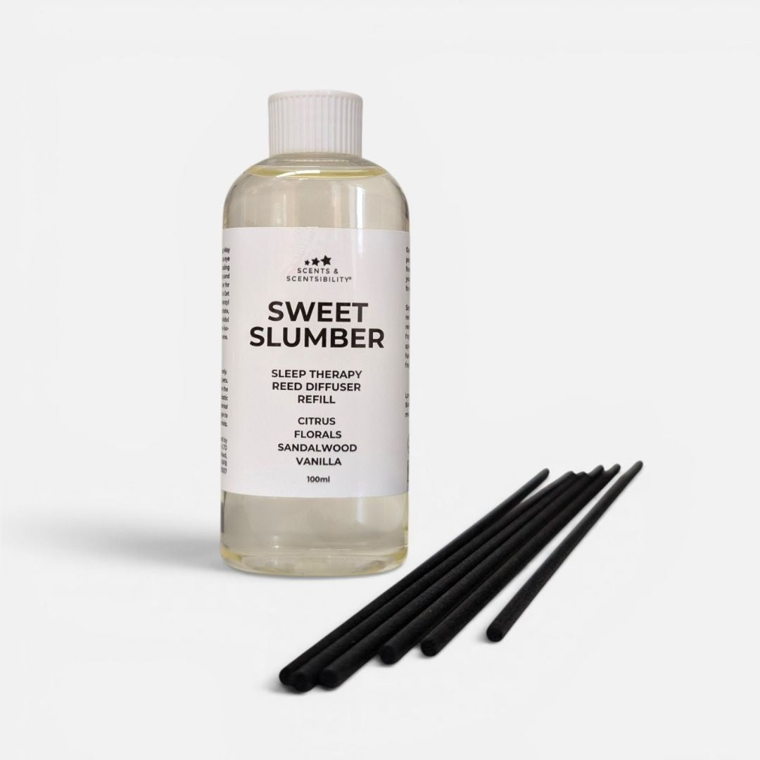 Sweet Slumber sleep therapy reed diffuser refill bottle with black sticks on a white background