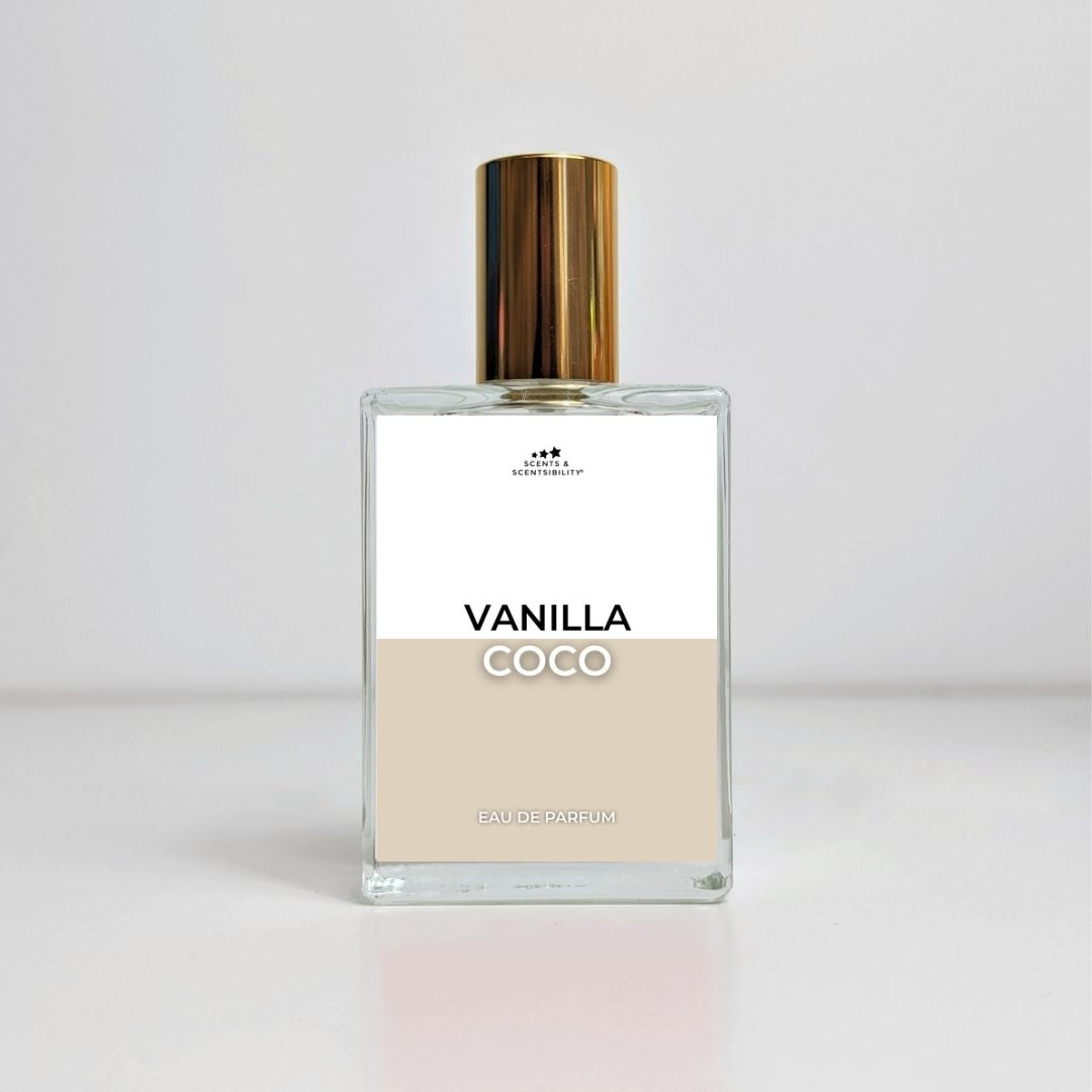 Perfume bottle labeled 'Vanilla Coco' on a light gray background