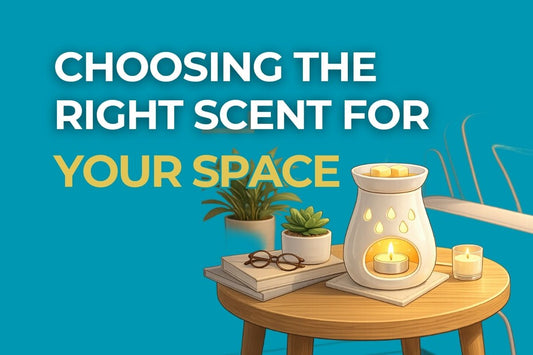 A poster which says Choosing the Right Scent for Your Space with an image of a wax melt burner on a side table