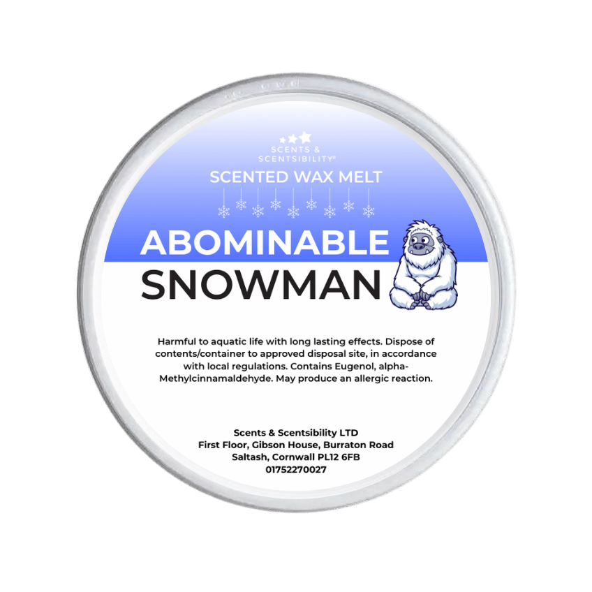 Scented wax melt container labeled 'Abominable Snowman' on a white background