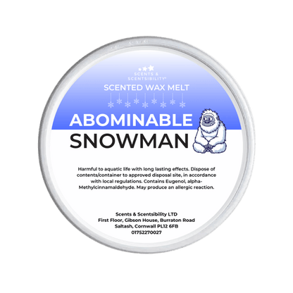 Scented wax melt container labeled 'Abominable Snowman' on a white background