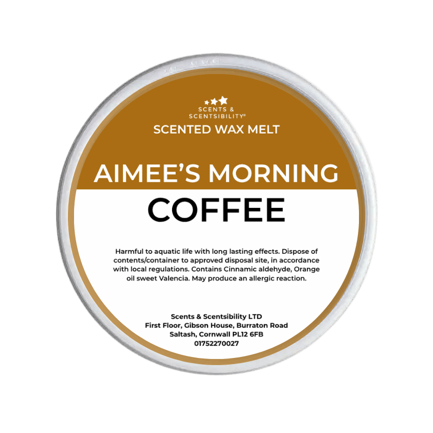 Scented wax melt container labeled 'Aimee's Morning Coffee' on a green background