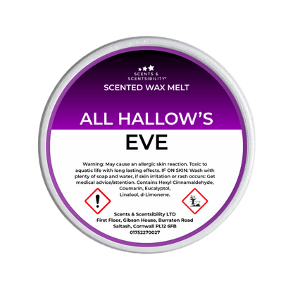 Scented wax melt container labeled 'All Hallows' Eve' with purple and white design on a green background.