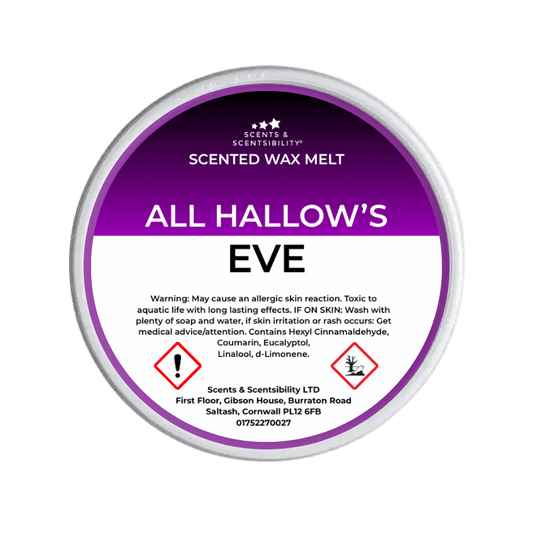 Scented wax melt container labeled 'All Hallows' Eve' with purple and white design on a green background.
