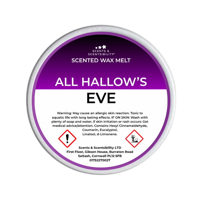 A round tub of Scents & Scentsibility 'All Hallow's Eve' scented wax melt, featuring a purple and white label with Halloween illustrations like ghosts, skulls, and a spiderweb.