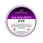 A round tub of Scents & Scentsibility 'All Hallow's Eve' scented wax melt, featuring a purple and white label with Halloween illustrations like ghosts, skulls, and a spiderweb.
