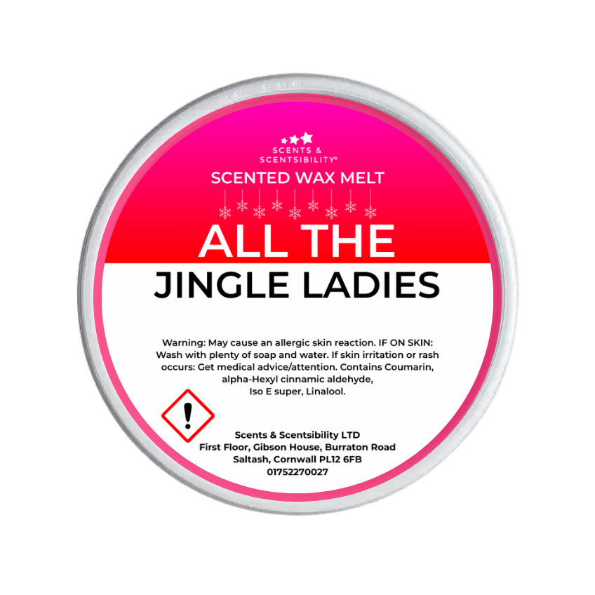 Scented wax melt container labeled 'All the Jingle Ladies' on a green background