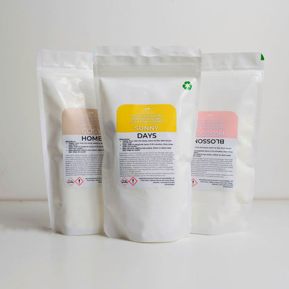 A photo showing three white pouches of Odour Eliminator Mop, Sink & Toilet Freshening Fizz and Foam Powder