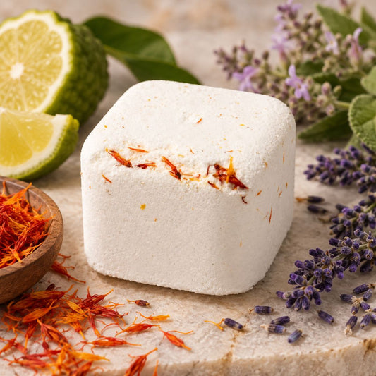A white square shower steamer with red safflower petals, styled on a stone surface with a lime half, a bowl of saffron, and lavender sprigs.