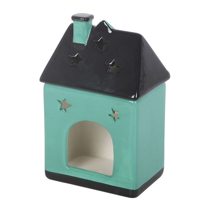 Green apothecary house-shaped wax melt & oil burner on a white background