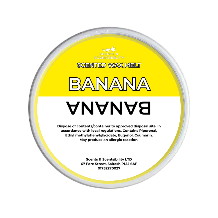 A round tub of Scents & Scentsibility Banana Scented Wax Melt, featuring a bright yellow and white label with black and white text.