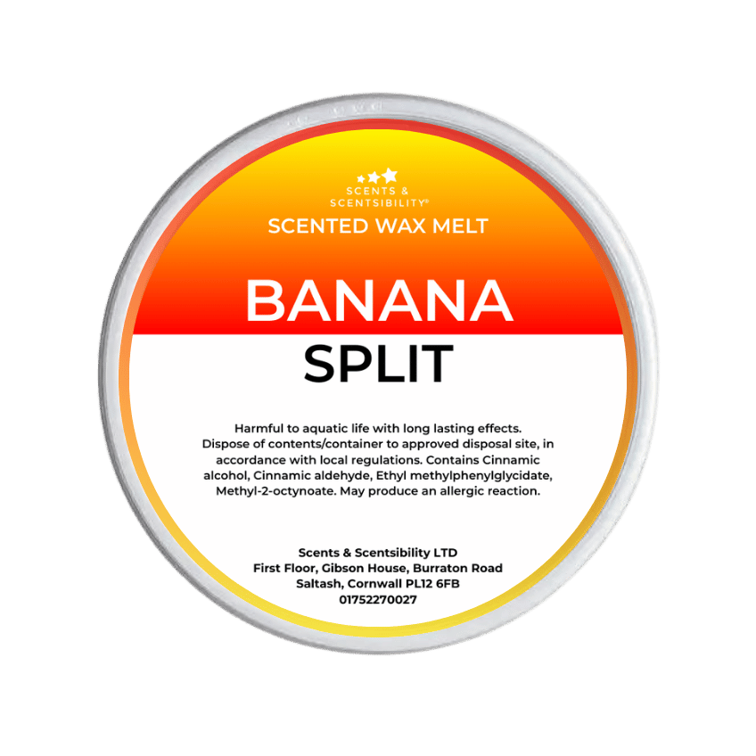 Scented wax melt container labeled 'Banana Split' on a green background