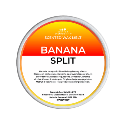 Scented wax melt container labeled 'Banana Split' on a green background
