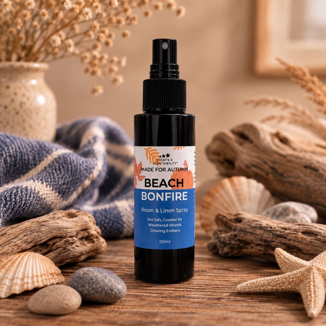 Made For Autumn Beach Bonfire Room & Linen Spray styled in a warm coastal autumn setting with subtle beach-inspired textures and rustic details.
