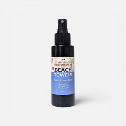 A bottle of room spray labelled Beach Towels on a white background