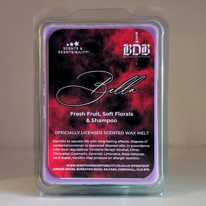 Scented wax melt package with 'Bella' branding on a neutral background