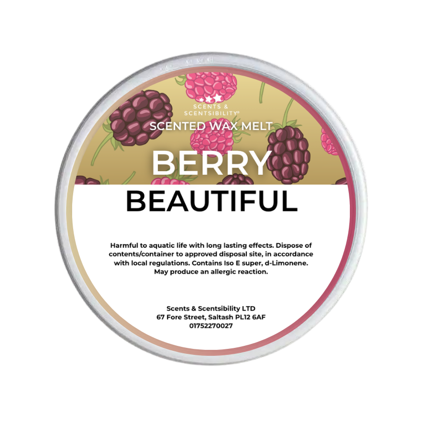 A round tub of Scents & Scentsibility 'Berry Beautiful' scented wax melt, featuring a label with blackberries and raspberries on a gold background, set against a plain white background.