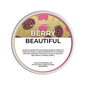 A round tub of Scents & Scentsibility 'Berry Beautiful' scented wax melt, featuring a label with blackberries and raspberries on a gold background, set against a plain white background.