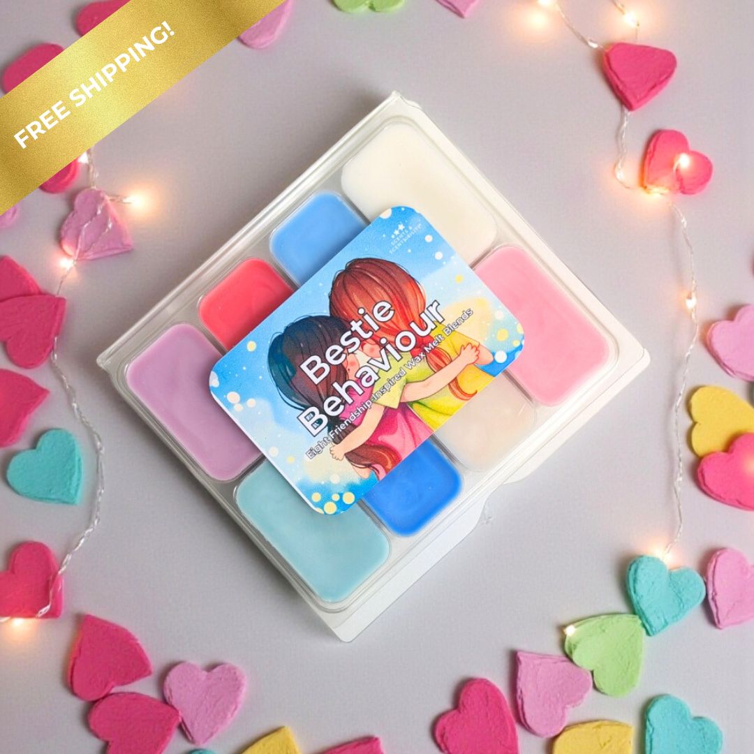 Colorful wax melt set with 'Bestie Behaviour' card on a grey background with heart decorations and free shipping text.