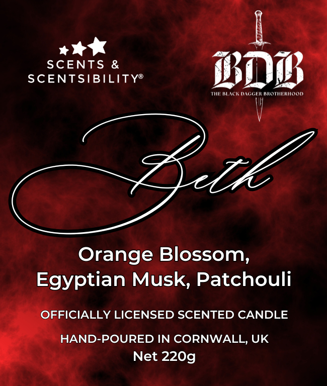 Candle packaging with 'Beth','Scents & Scentsibility' and 'Black Dagger Brotherhood' branding on a red and black background. 