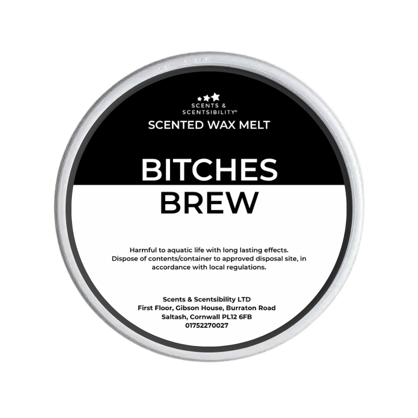 Scented wax melt container labeled 'Bitches Brew' with Scents & Sensibility branding on a green background.