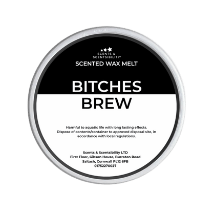Scented wax melt container labeled 'Bitches Brew' with Scents & Sensibility branding on a green background.