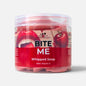 A clear plastic jar of Scents & Scentsibility 'Bite Me' Whipped Soap, showing the dark pink soap inside, with a red and white label featuring a cherry and lips graphic.