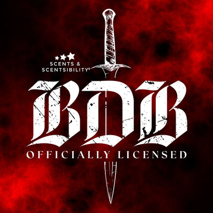 Logo with a sword design on a red and black background, featuring the text 'Scents & Scentsibility' and 'BDB Officially Licensed'.