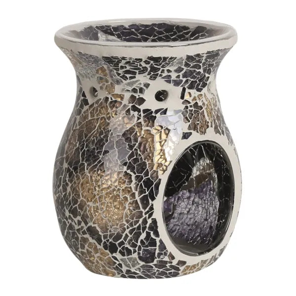 Black & Gold Crackle Wax Melt Warmer and Oil Burner featuring shimmering black, gold and silver mosaic glass, a rounded shape, integrated warming dish and circular tealight opening.