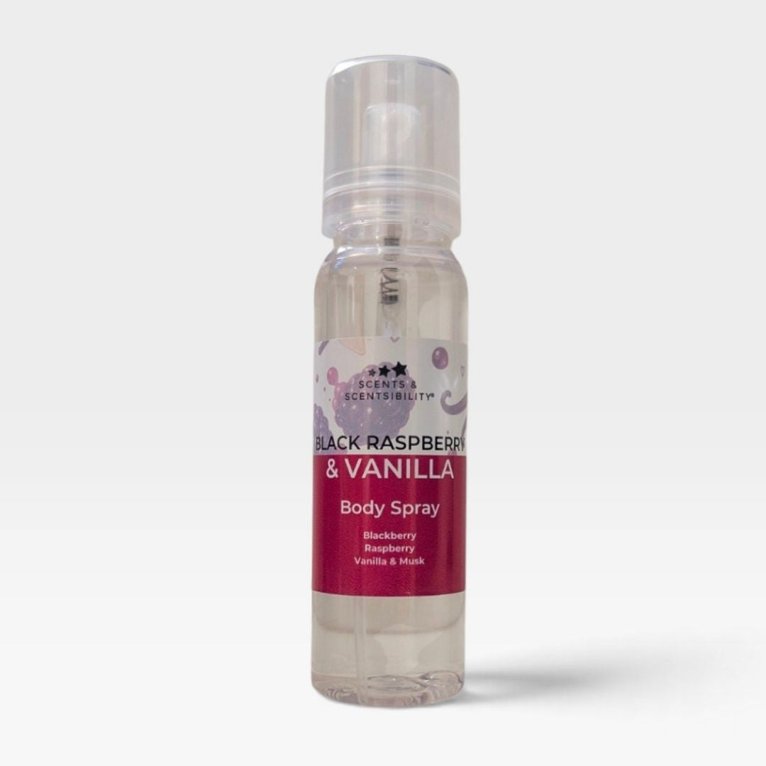 A spray bottle with a dark red and white label saying Black Raspberry & Vanilla