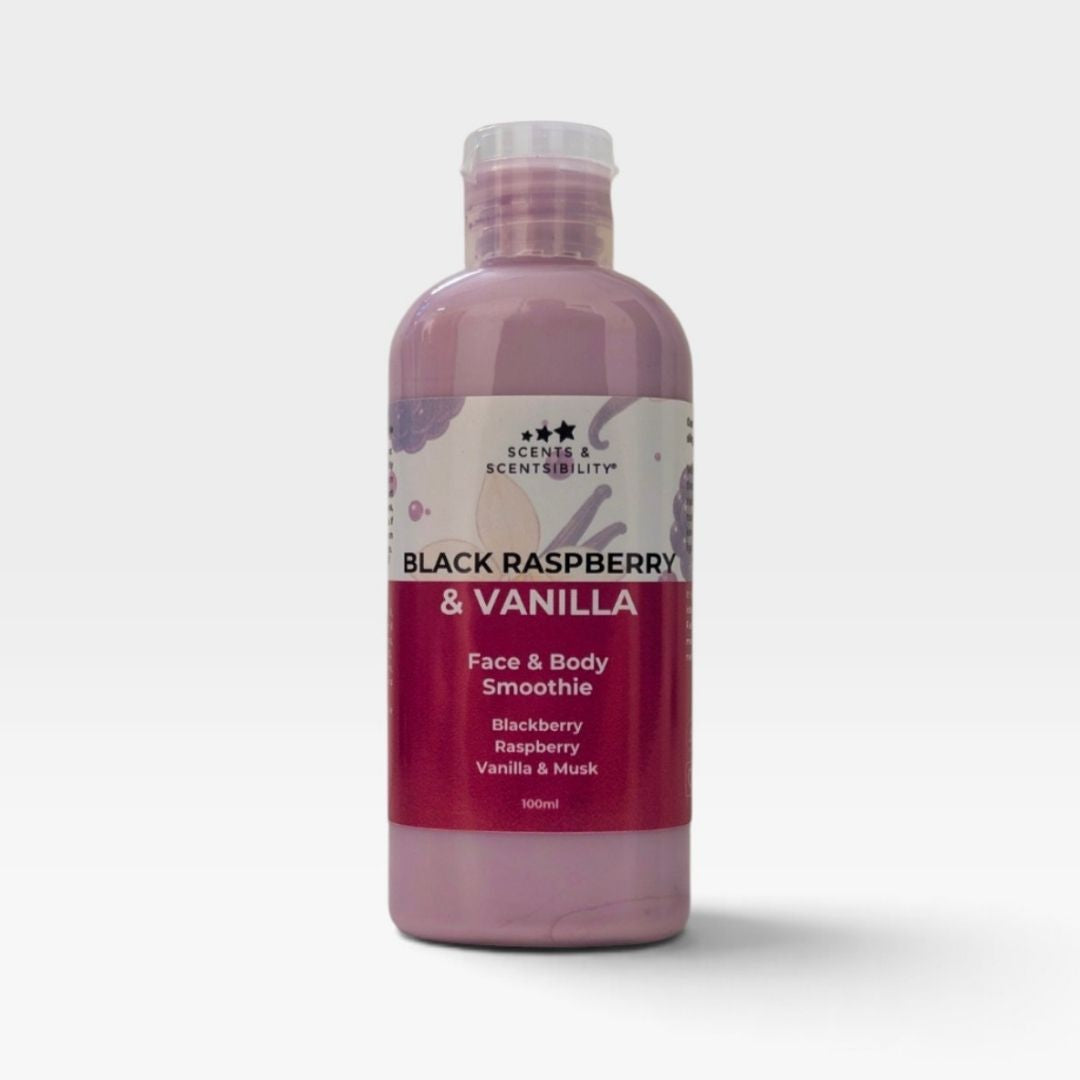 A 100ml plastic bottle of Scents & Scentsibility Face & Body Smoothie in Black Raspberry & Vanilla scent, filled with a dusty purple liquid, set against a light gray background.