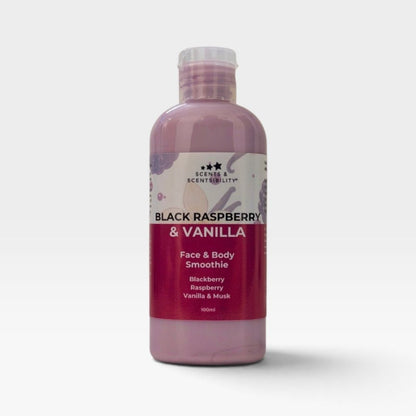 A 100ml plastic bottle of Scents & Scentsibility Face & Body Smoothie in Black Raspberry & Vanilla scent, filled with a dusty purple liquid, set against a light gray background.